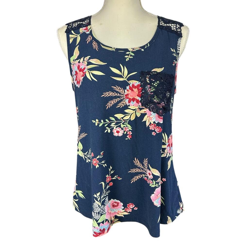 Stella Tweed Top Women Size Medium Blue Floral Sheer Lace Boho Sleeveless Blouse